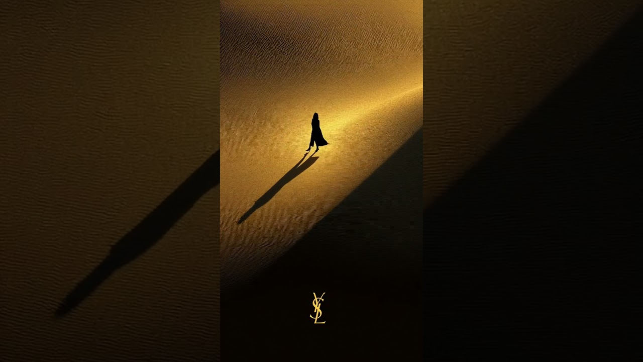 Minimalist cinematic teaser poster of a mysterious female silhouette standing in a dark golden de...