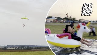 UK skydiver goes viral for landing on an inflatable unicorn: ‘I’m coming for ya!’