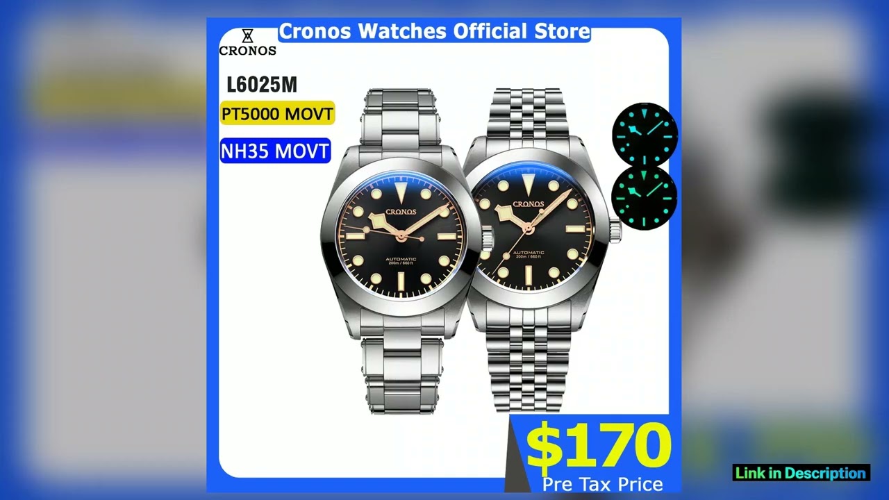 Cronos BB39 Mechanical Men Watch 39mm Automatic NH35 PT5000 SW200 Snow Hands Sapphire Glass Bushed