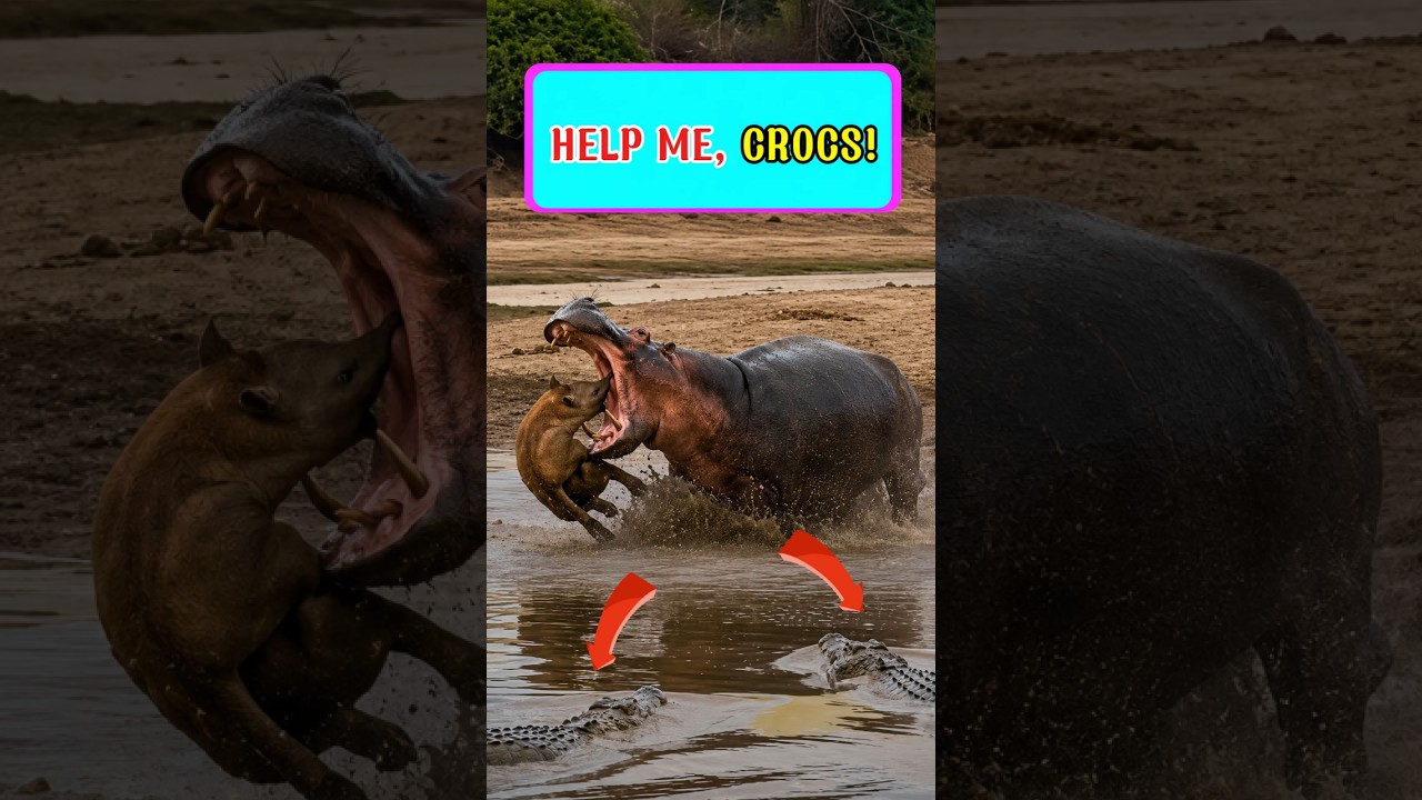 Hippo Escapes a Hyena by Entering Crocodile Territory! #world in the wild #wildlife