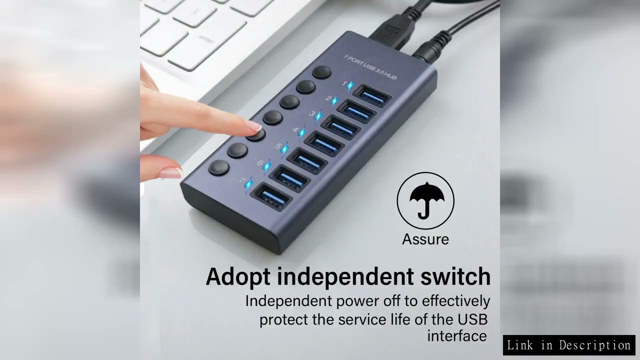 AIXXCO USB3.0 Hub Aluminum Industrial 7-Port Splitter Split Switch with 12V Power Adapter for Macboo