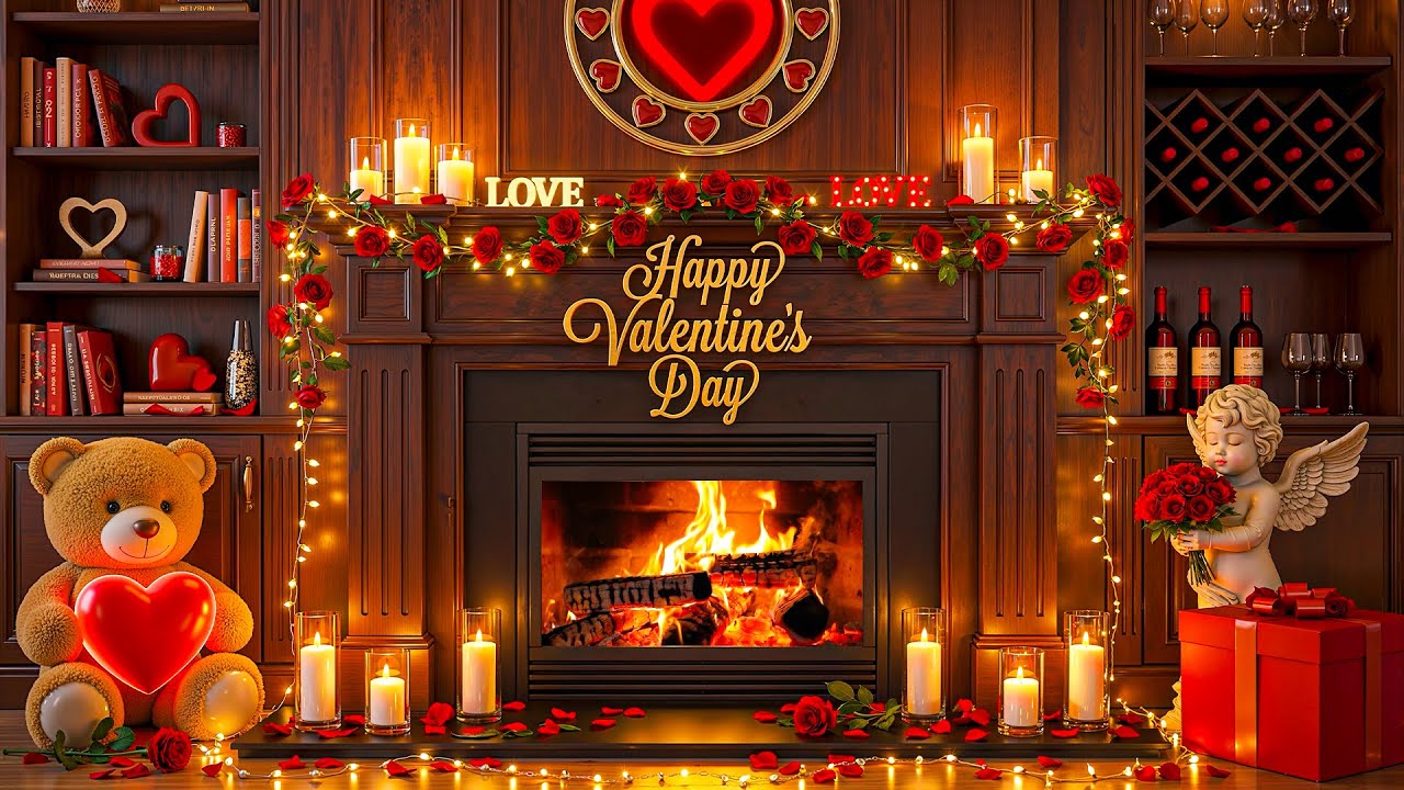 Romantic Valentine’s Fireplace Ambience 24/7 💘 Gentle Love Music & Warm Fire 💝