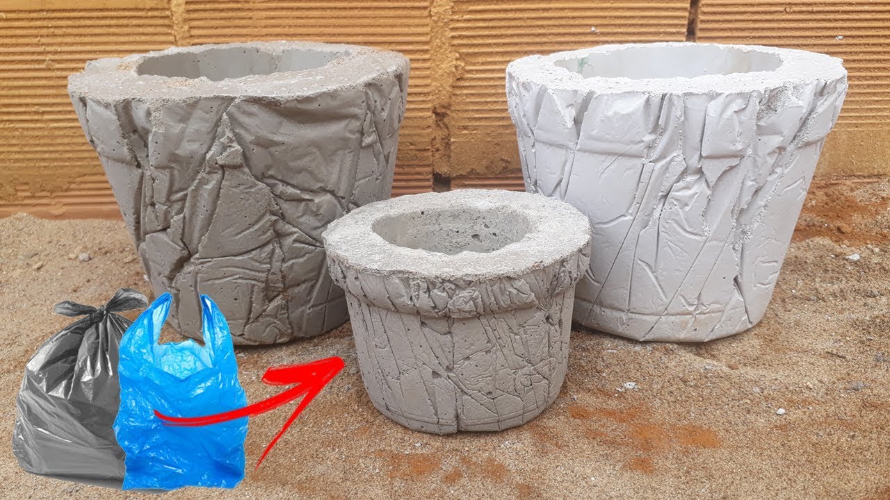 FAÇA VASO DE CIMENTO UTILIZANDO SACO PLÁSTICO - Como Fazer - Começo , Meio e Fim