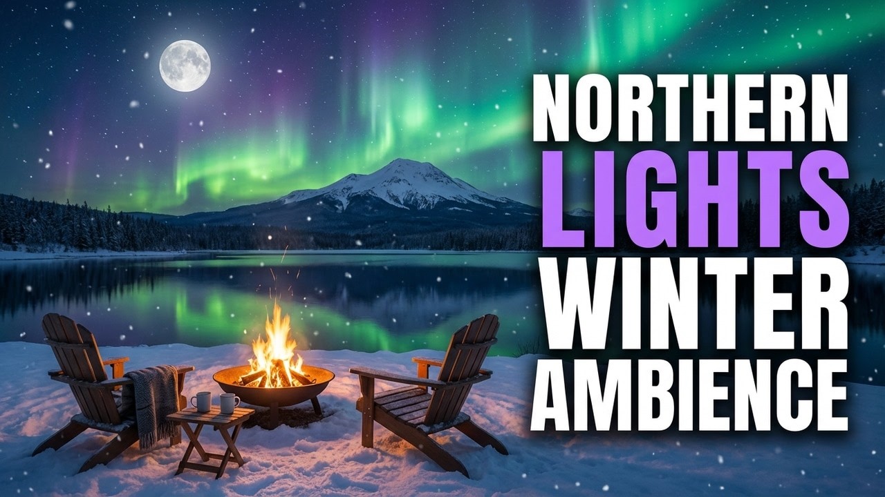 Northern Lights Winter Ambience | Firepit, Snow & Soft Music
