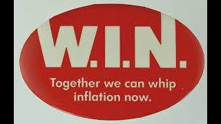 A picture of a red and white button that says, "W.I.N. Together we can whip inflation now."