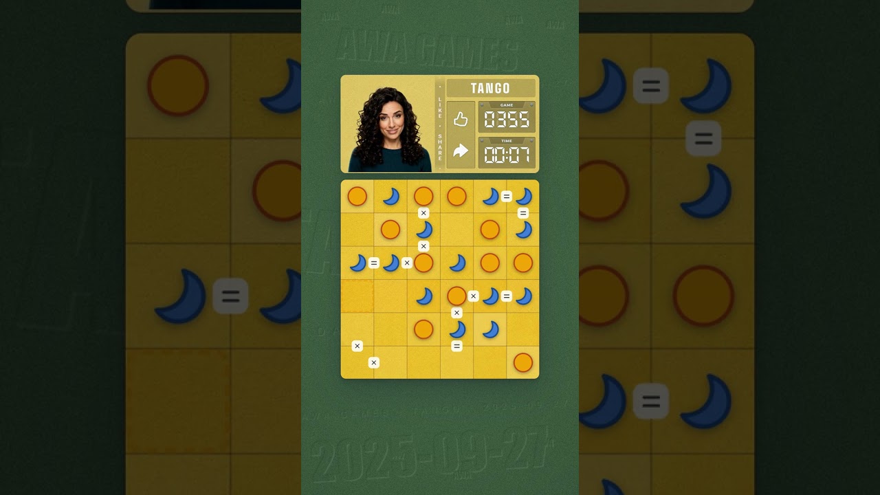 LinkedIn Tango #355 solved board for September 27, 2025, 6x6 grid