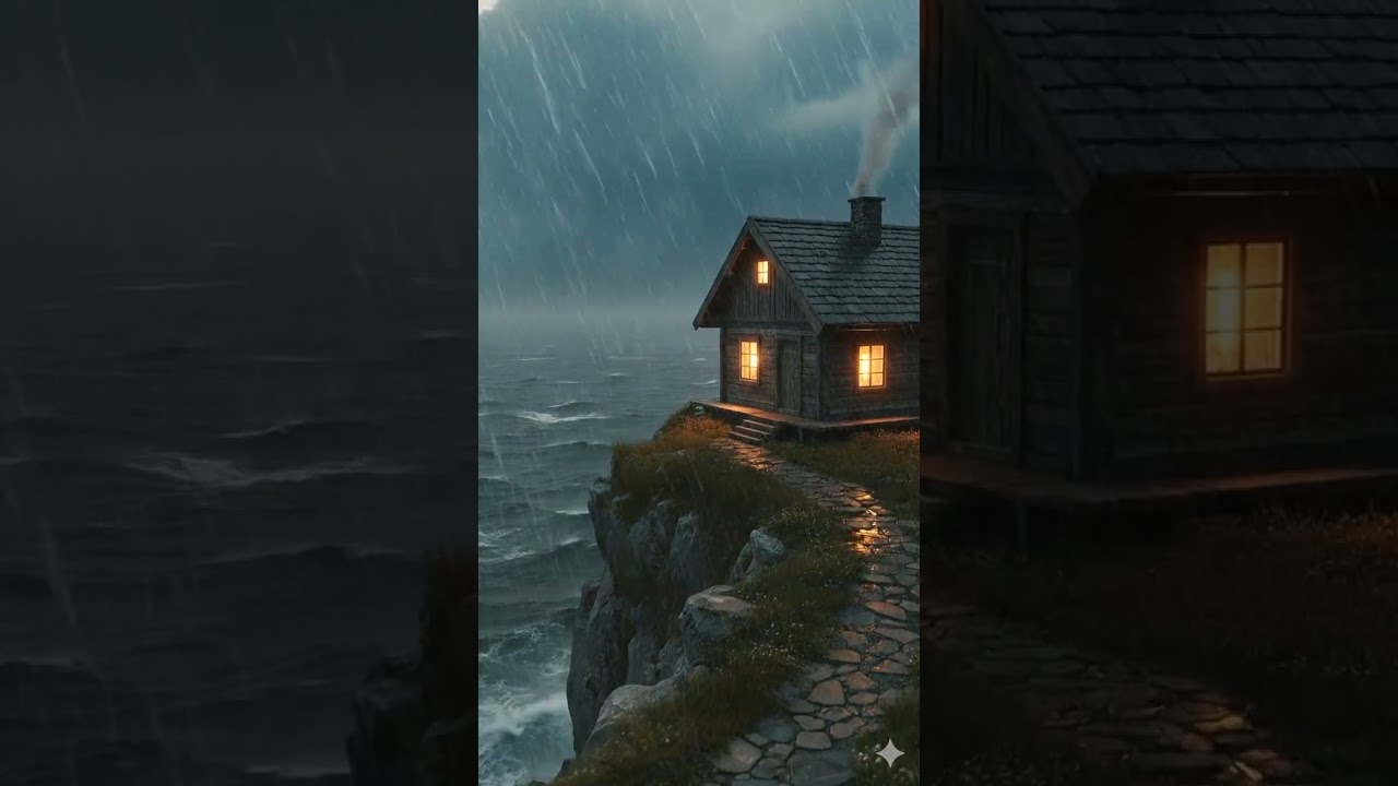 Ocean Cliff Cabin Rain 🌊 Gentle Thunder at Night 