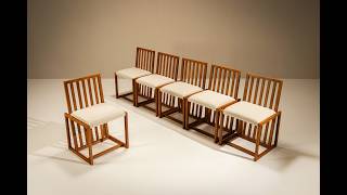 Set of Six Architectural Cherrywood Dining Chairs, Italy 1970s