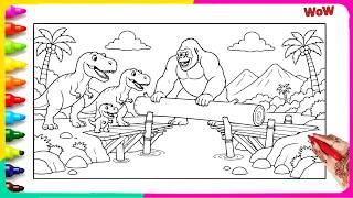 Gorilla Helping T-rex FAMIY Moment Coloring Pages Satisfying Coloring Book Pages - Speed Coloring