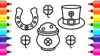 How to Draw Saint Patrick's Day Clover | Shamrock, Horseshoe, Pot of Gold and Leprechaun Hat | Kids