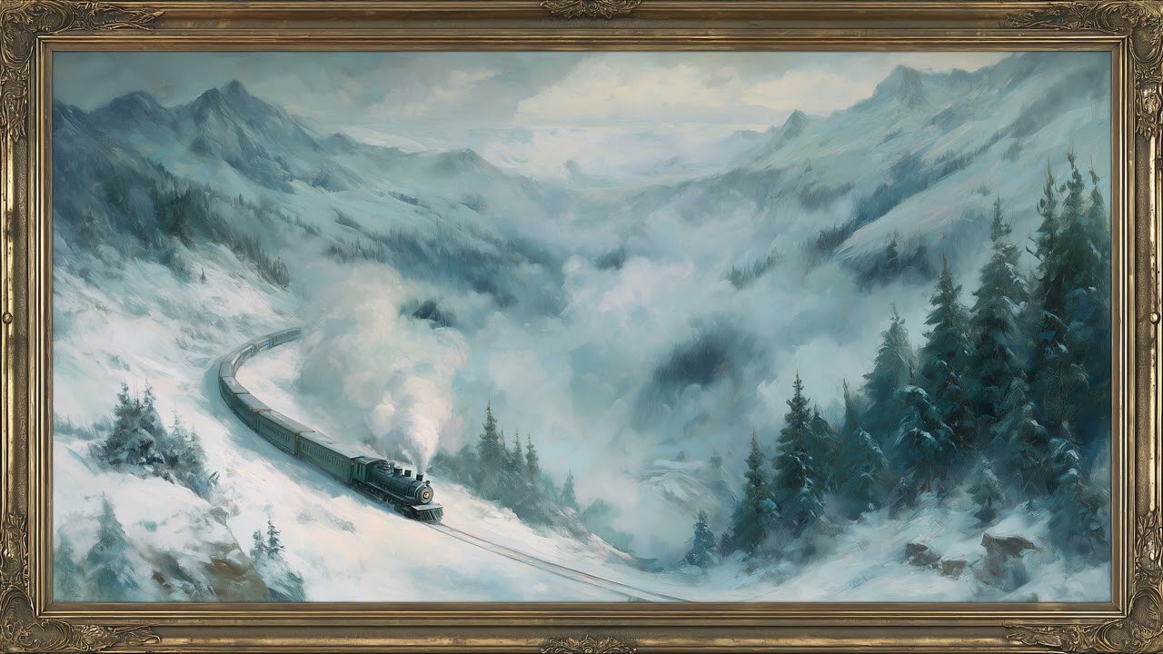 Train Crossing the Winter Rockies | Framed Art TV Wallpaper 4K