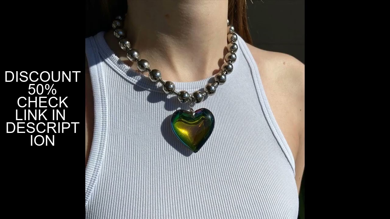 Grunge Fashion Glass Heart Pendant Necklace Y2K Oversize Ball Beads Chain Statement Choker Necklace