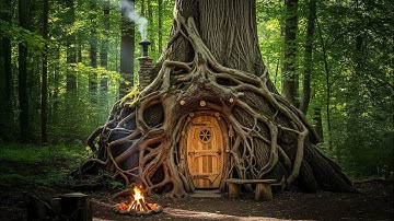 Building a Warm and Cozy Secret Shelter Deep Inside a large Tree. Bushcraft, Survival, Dugout