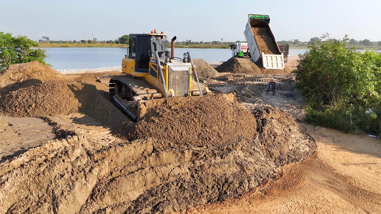 Wonderful Bulldozer SHANTUI C3 Push Sand Into Water Lake, Dump Truck ...