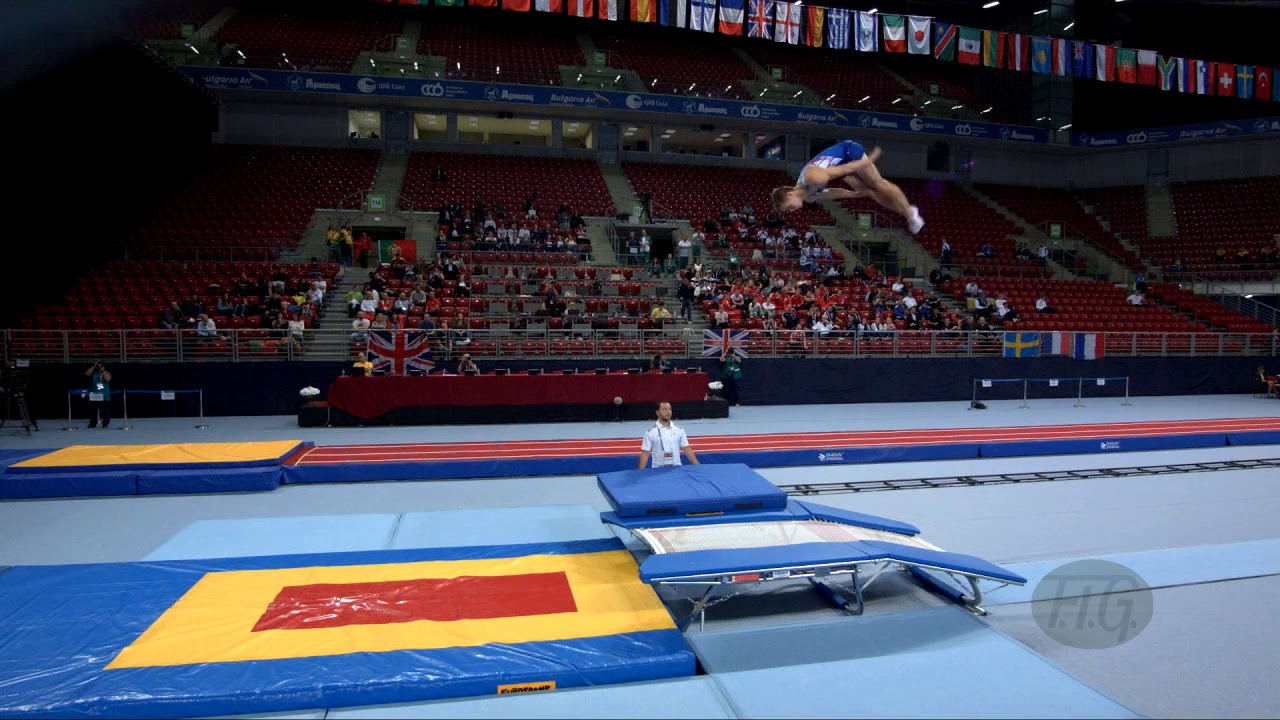 Youtube video: RHOADES Carter (USA) - 2017 Trampoline Worlds, Sofia (BUL) - Qualification Double Mini Routine 1