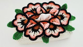 غطاء لعلبة المناديل الورقية بغرزة الورود/crochet tissue box