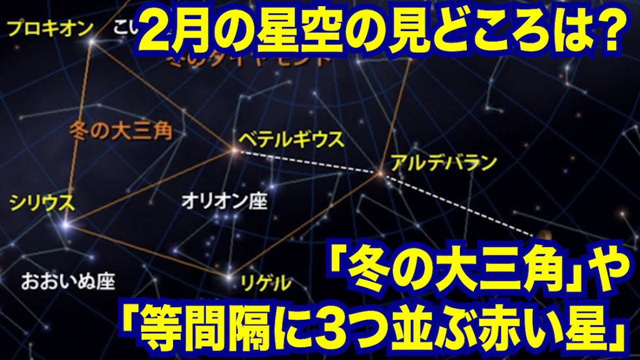 2月の星空の見どころは 冬の大三角 や 等間隔に3つ並ぶ赤い星 Youtube 2月の星空の見どころは 冬の大三角 や 等間隔に3つ並ぶ赤い星 Youtube