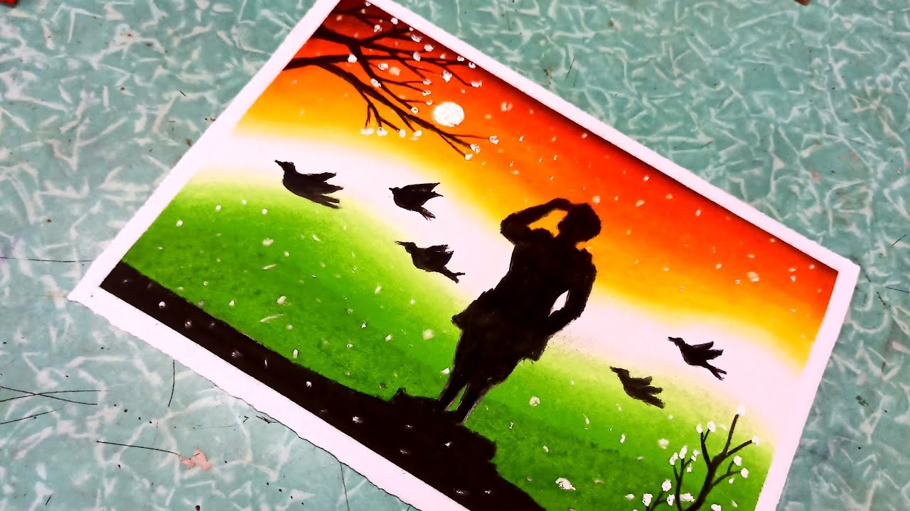 Indian army soldier with flag scenery drawing independence day