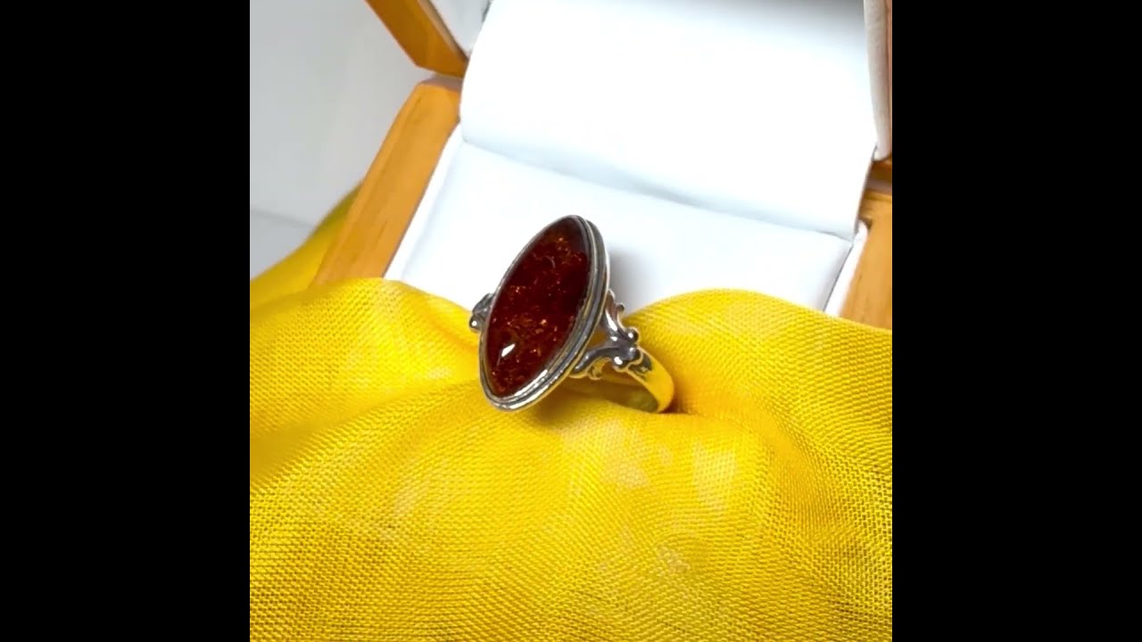 Real amber ring sterling silver marquise shaped with fancy scrolled shoulders cocktail dress