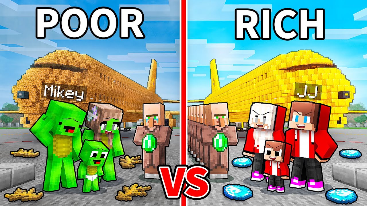 JJ and Mikey: POOR vs RICH Military Army Airplane Family Battle in Minecraft - Maizen