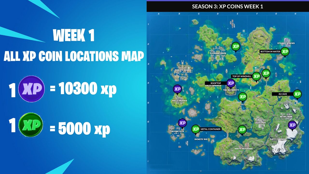 ALL XP Coin locations Week 1(Green& Purple) - Fortnite ...