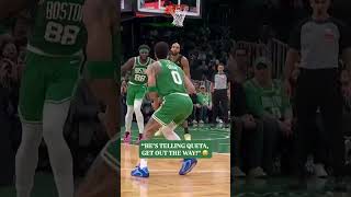 Jayson Tatum somehow kept the ball after running into his teammate and hit the step back three.