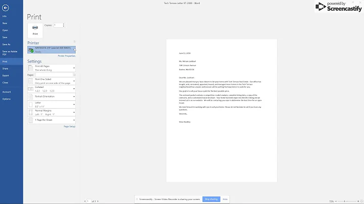 Word 2016 Lesson 1 Choose a Printer