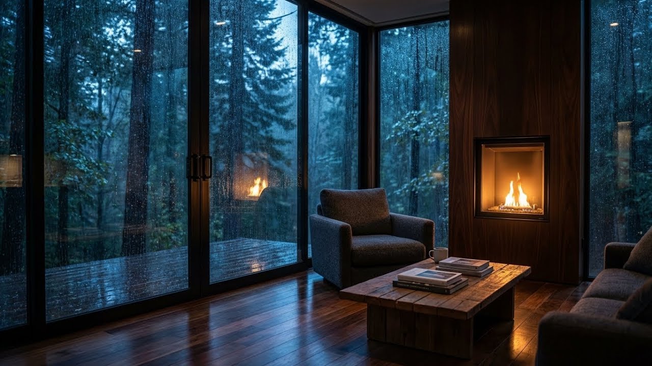 Чистые звуки дождя для сна. Современный камин в дождливой каюте для лучшей концентрации внимания 🌧️