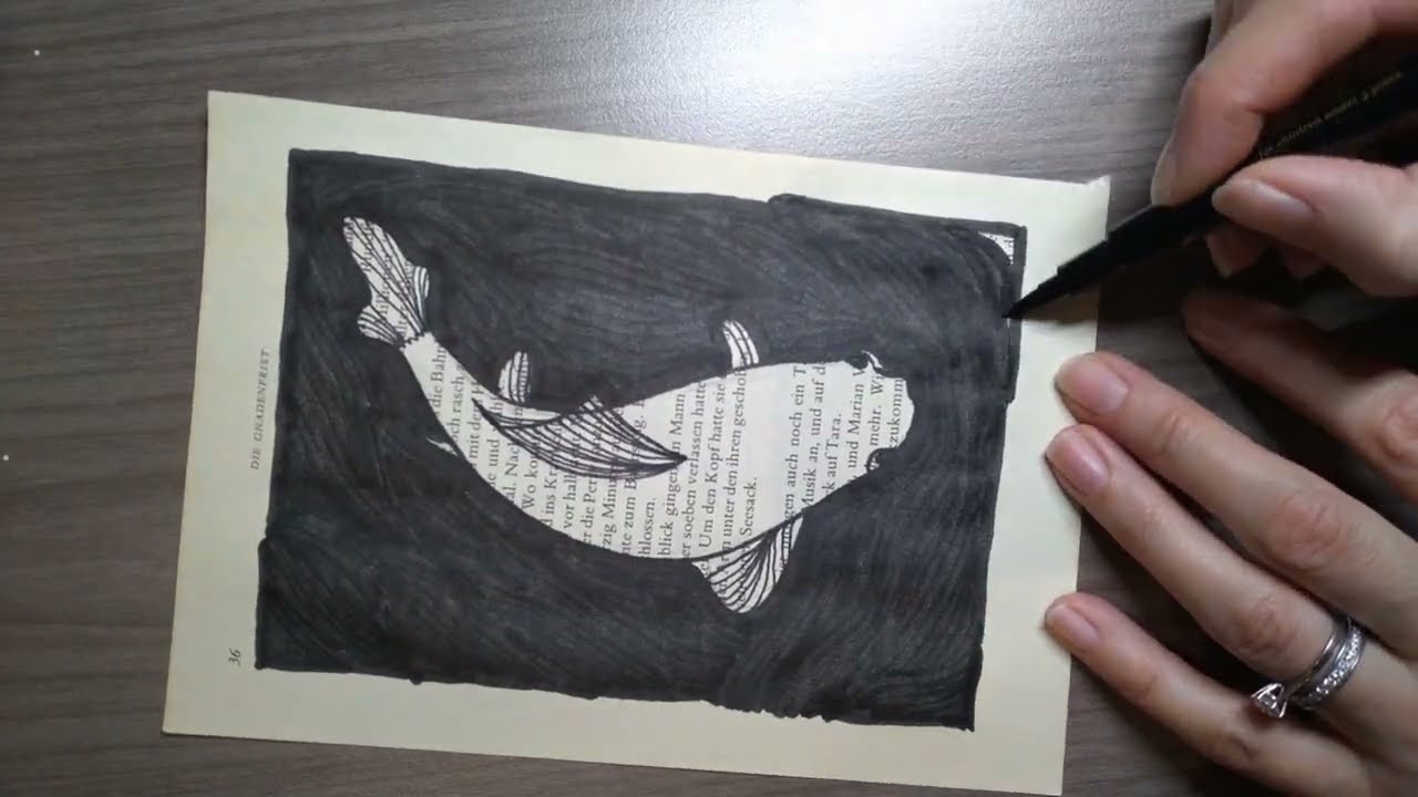 Projet dessin simple minimaliste sur pages de livre - Dessins de papillon, poisson, oiseau et chat.