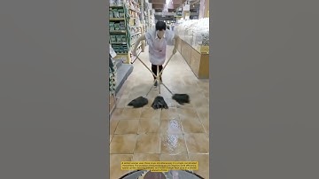 This is the Process of Cleaning Floors by Great Workers with Three Mops Simultaneously