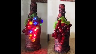 DIY Fabric decoupage wine bottle and decorate them with lighted grapes