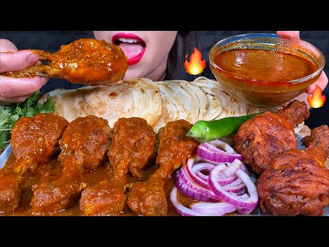 ASMR SPICY CHICKEN GRAVY, PAROTTA, DELHI STYLE FRIED CHICKEN, CHILI MASSIVE Eating Sounds