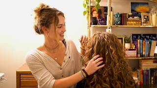 ASMR Brushing and Styling My Cousin's Curly Hair 💚 layered sounds, real person, relaxing hair play