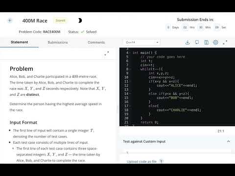 400M Race || starters76 codechef solution #codechef #solution  || 1st feb 2023