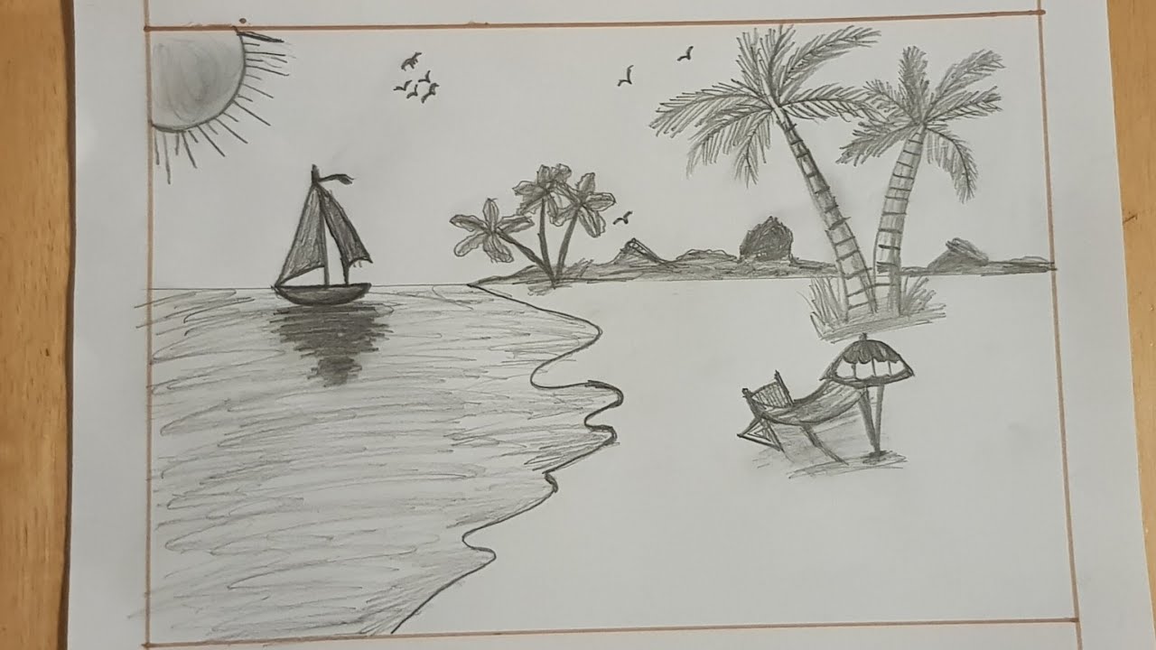 Sea Beach Scenery ️ How to draw a scenery of sea beach Pencil Drawing ...