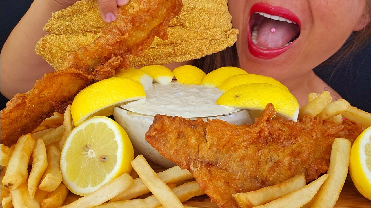 FISH & CHIPS! CRUNCHY FRIED POLLUCK FISH CRISPY FRIED CATFISH FRENCH FRIES ASMR MUKBANG OMAD TARTAR