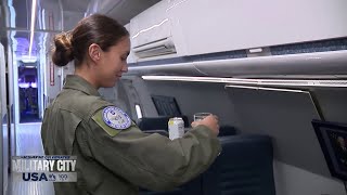 Air Force flight attendants learn fundamentals of serving presidents on Air Force One at JBSA-La...