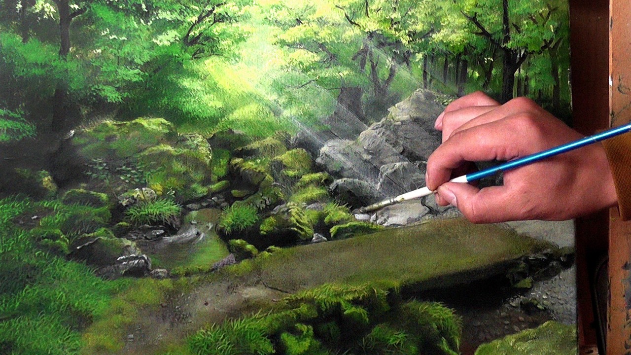 沉浸式欣赏林中古苔小桥，油画风景绘画过程。#019