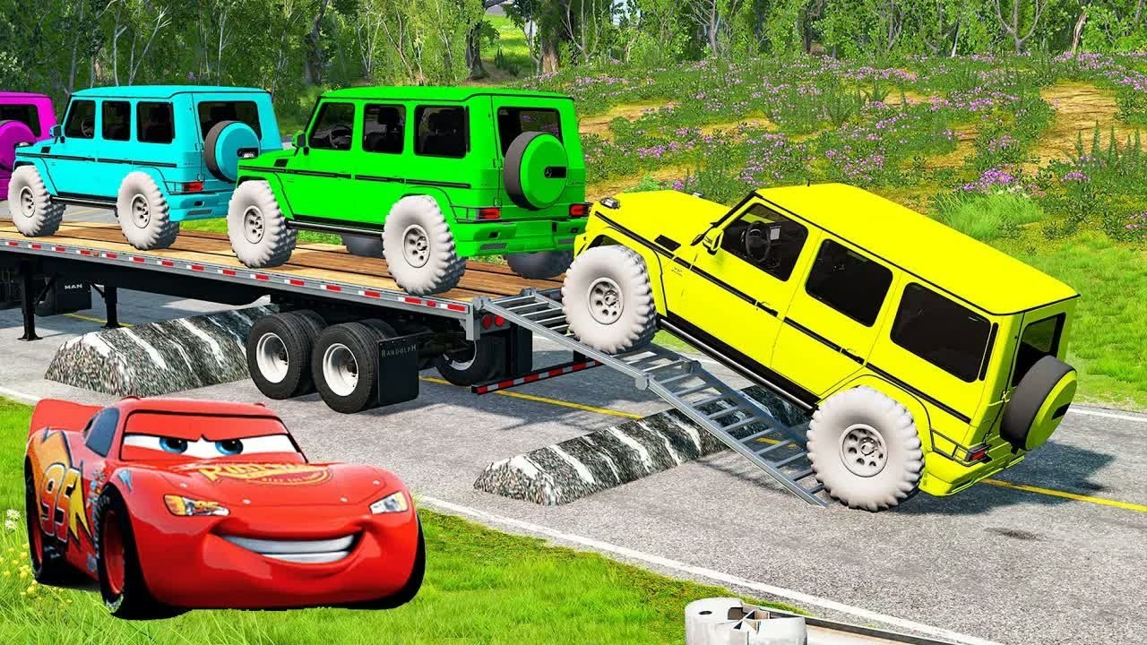 Flatbed Trailer McQueen Transportation with Truck - Speedbumps vs Cars vs Train - BeamNG.Drive #12