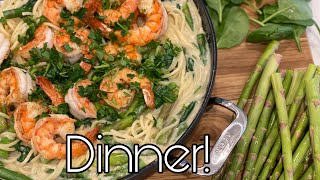 Asparagus and shrimp spaghetti in creamy sauce topped with spinach  | DINNER | under 30 min dinner