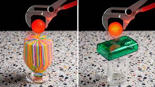 1000°C Red Hot Metal Ball vs Rubber bands, lighter & Candies!