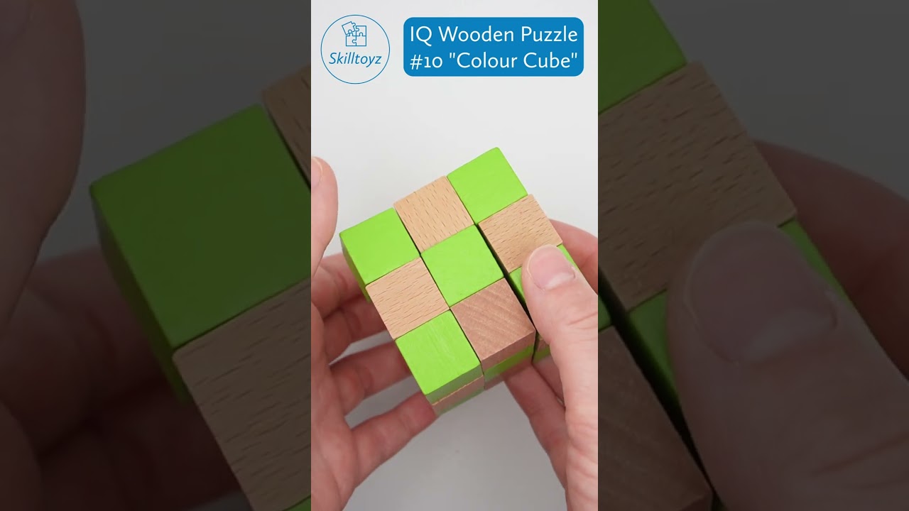 Skilltoyz IQ Wooden Puzzle Design 10 3D "Green Colour Cube". No solution shown - spoiler-free.