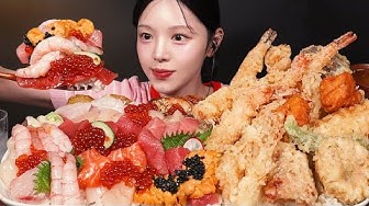 Crispy Giant Tempura & Sashimi Rice Bowl Mukbang ASMR thumbnail