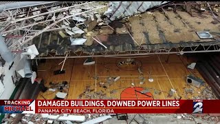 Damaged buildings, downed power lines