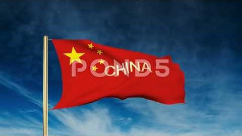 China Flag Slider Style With Title. Waving In The Wind With Cloud Background