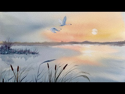 SUNSET MARSHLAND Reflections, Beautiful Beginners Watercolor Landscape Painting Tutorial Watercolour