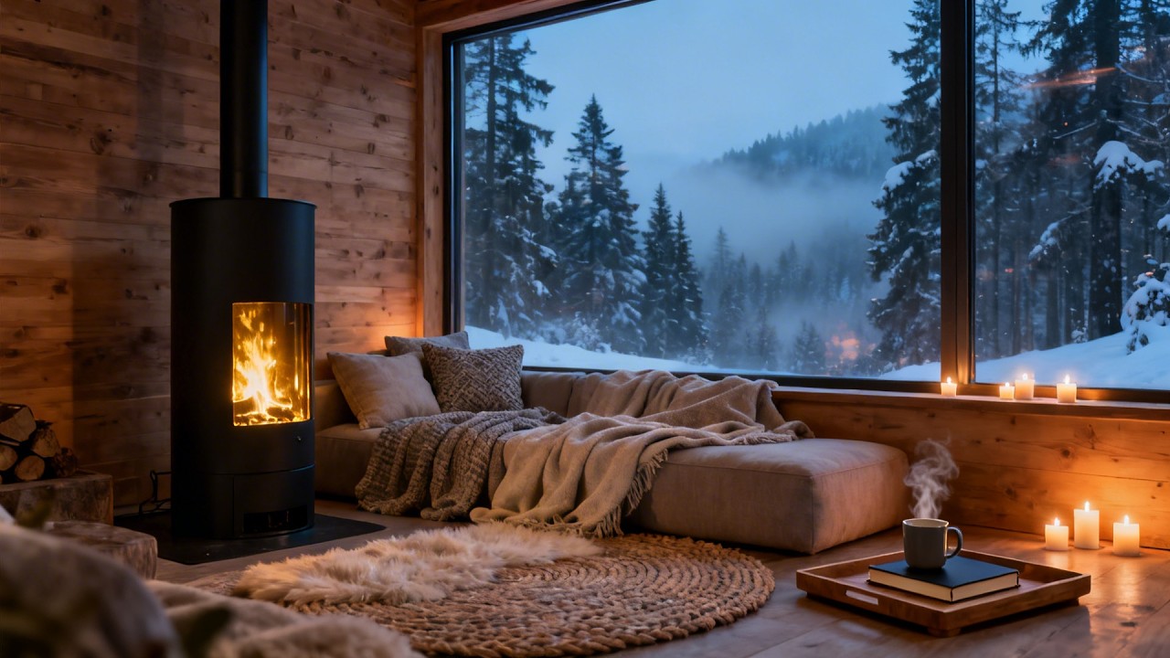 Snowy On Window & Fireplace Crackles in Cozy Living Room Ambience ❄️Gentle Piano for Calm and Relax