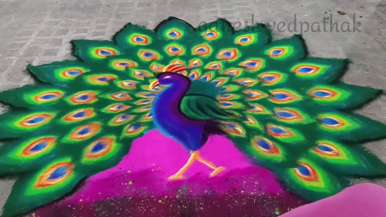 Peacock Rangoli designs big and creative (one man show) - YouTube
