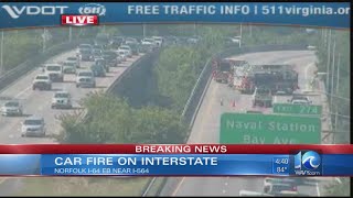 Car fire on I-64 eastbound in Norfolk causing delays