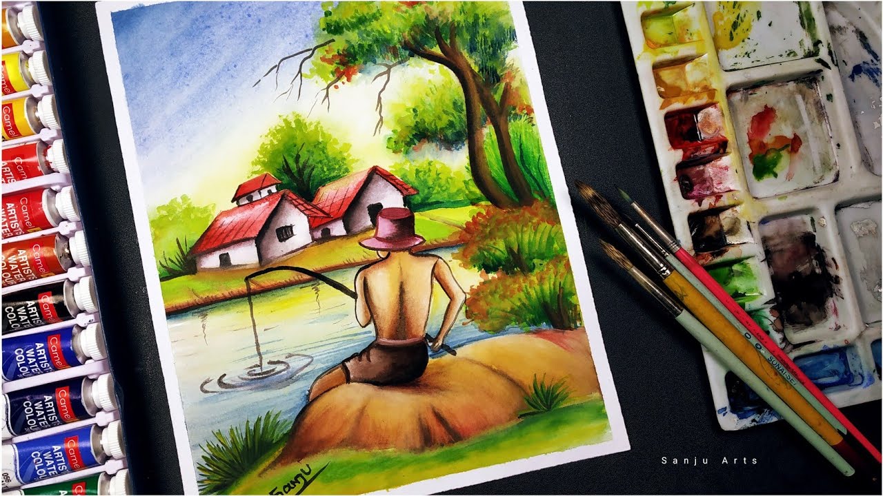 Watercolor painting | How to draw scenery of fishing step by step ...